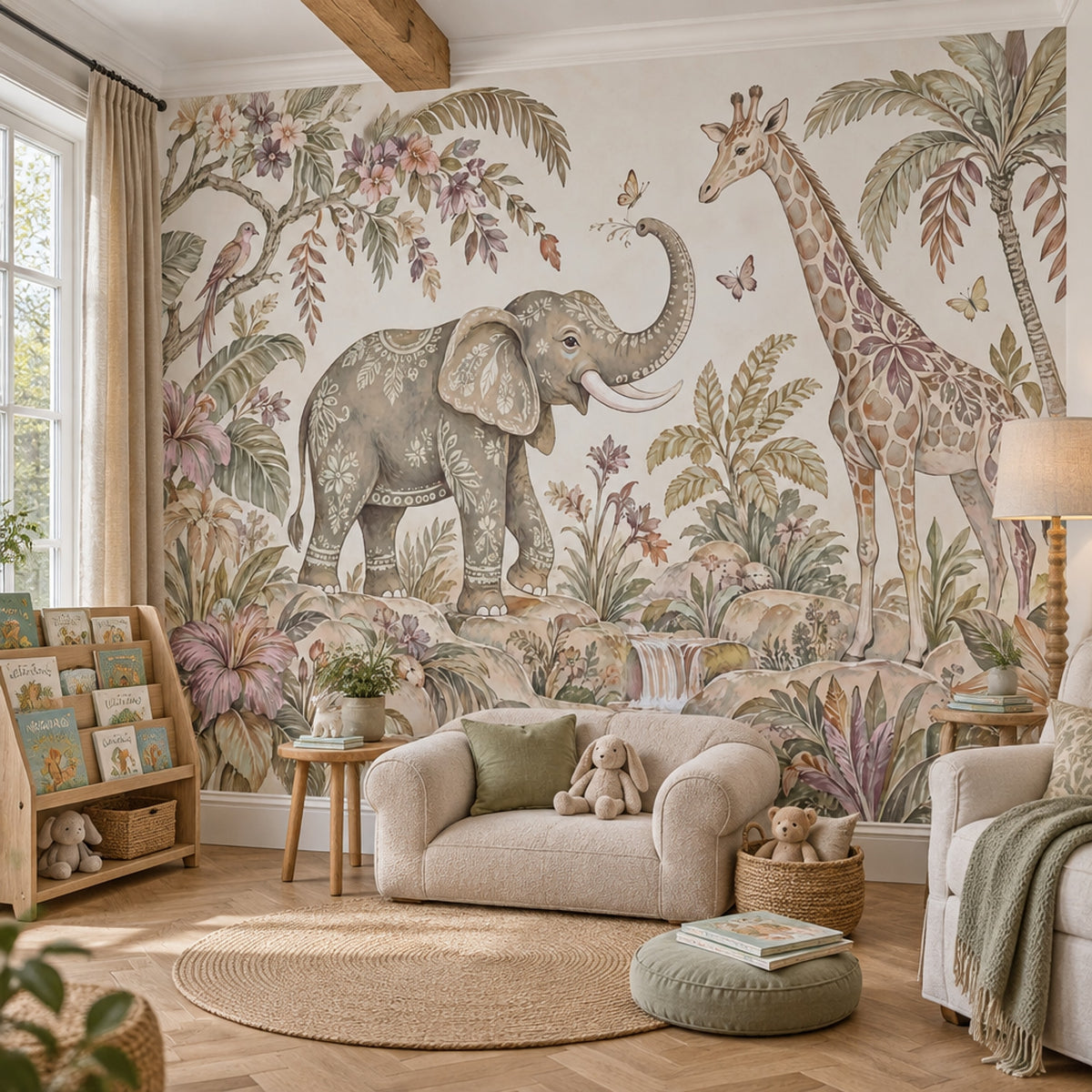 Elephant And Giraffe Safari Wallpaper Vintage Tropical Wall Mural