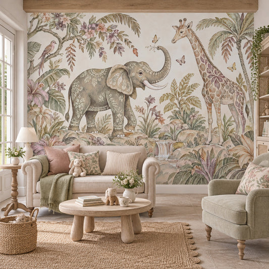 Elephant And Giraffe Safari Wallpaper Vintage Tropical Wall Mural