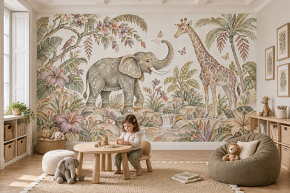 Elephant And Giraffe Safari Wallpaper Vintage Tropical Wall Mural