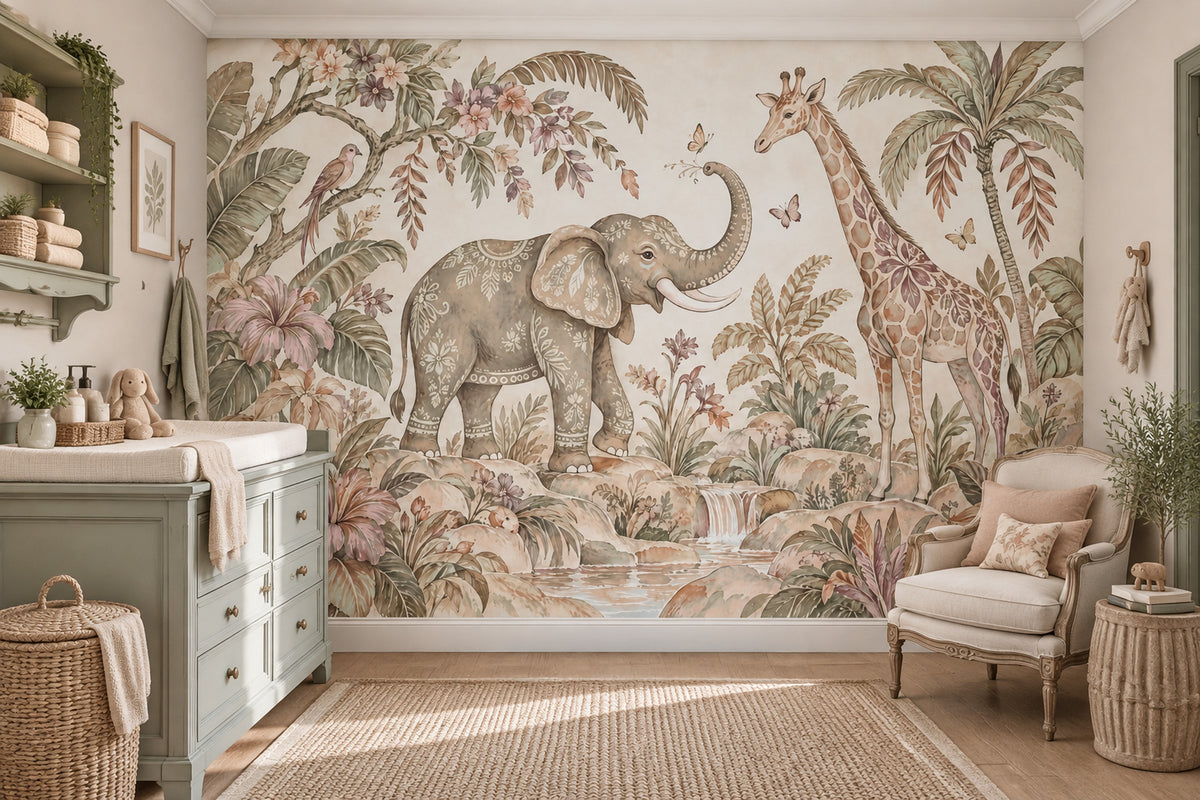 Elephant And Giraffe Safari Wallpaper Vintage Tropical Wall Mural