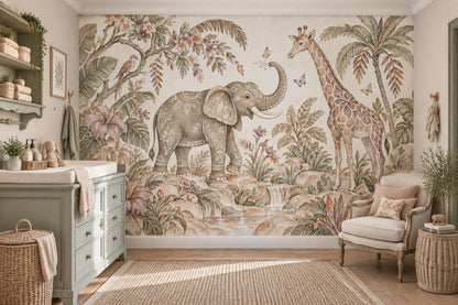 Elephant And Giraffe Safari Wallpaper Vintage Tropical Wall Mural