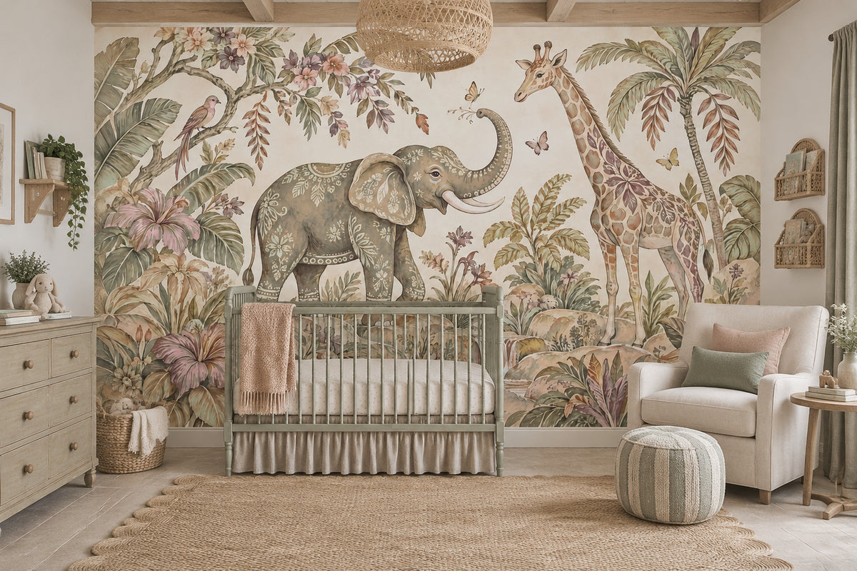 Elephant And Giraffe Safari Wallpaper Vintage Tropical Wall Mural