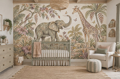 Elephant And Giraffe Safari Wallpaper Vintage Tropical Wall Mural