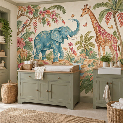 Watercolor Elephant And Giraffe Wallpaper Tropical Safari Wall Mural