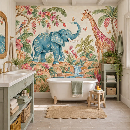 Watercolor Elephant And Giraffe Wallpaper Tropical Safari Wall Mural