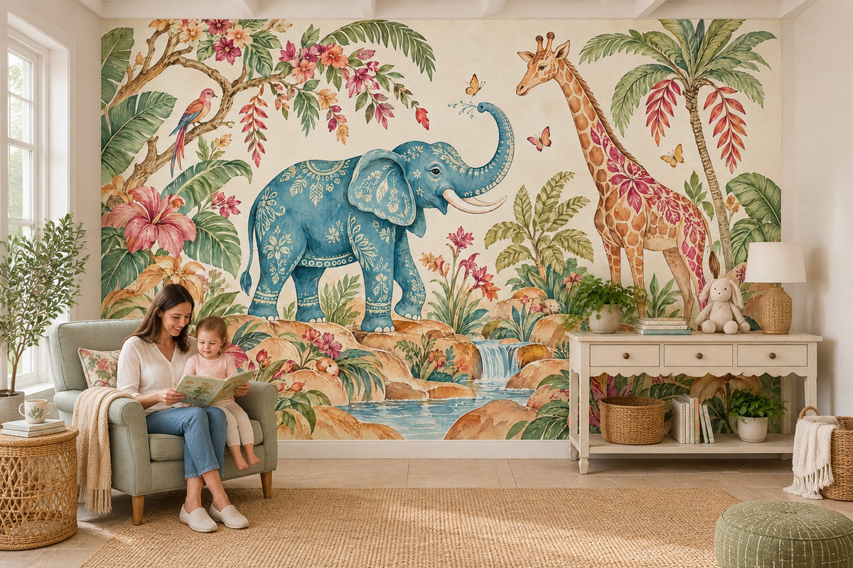 Watercolor Elephant And Giraffe Wallpaper Tropical Safari Wall Mural