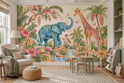 Watercolor Elephant And Giraffe Wallpaper Tropical Safari Wall Mural