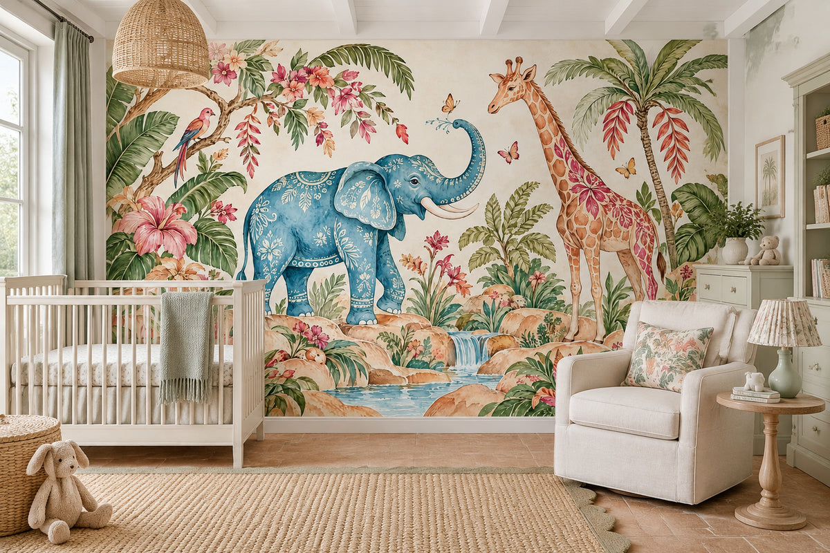 Watercolor Elephant And Giraffe Wallpaper Tropical Safari Wall Mural