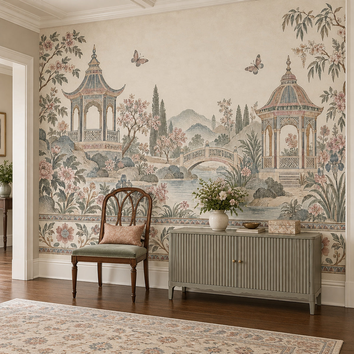 Chinoiserie Pagoda Garden Wallpaper Vintage Landscape Wall Mural