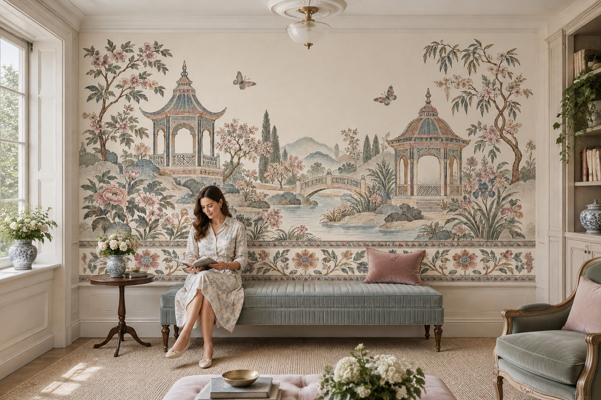 Chinoiserie Pagoda Garden Wallpaper Vintage Landscape Wall Mural
