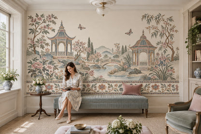 Chinoiserie Pagoda Garden Wallpaper Vintage Landscape Wall Mural