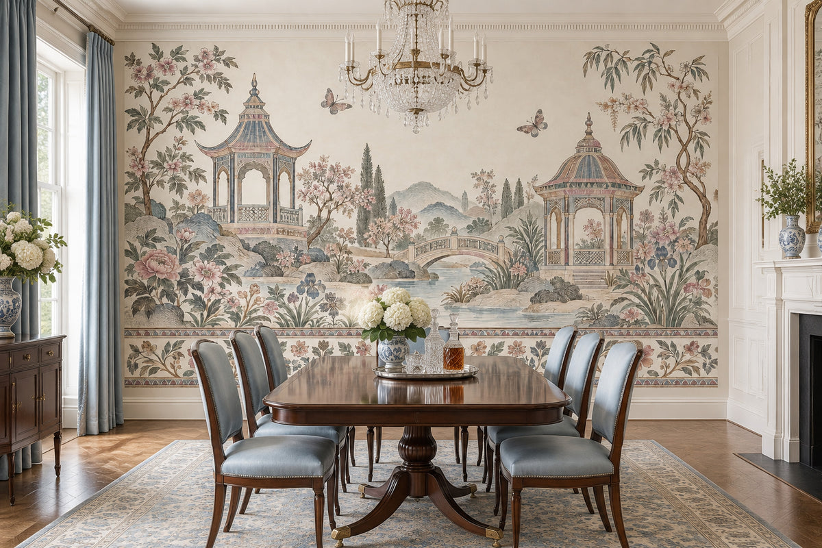 Chinoiserie Pagoda Garden Wallpaper Vintage Landscape Wall Mural