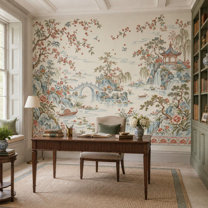 Chinoiserie Pagoda Garden Wallpaper Ivory Scenic Wall Mural