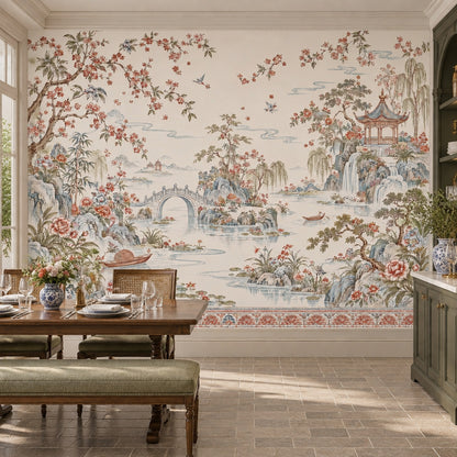 Chinoiserie Pagoda Garden Wallpaper Ivory Scenic Wall Mural