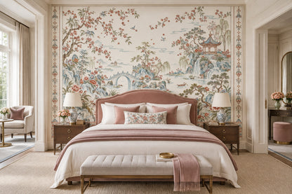 Chinoiserie Pagoda Garden Wallpaper Ivory Scenic Wall Mural