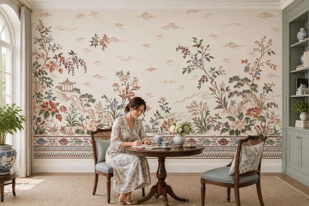 Peony Branches Wallpaper Chinoiserie Garden Wall Mural