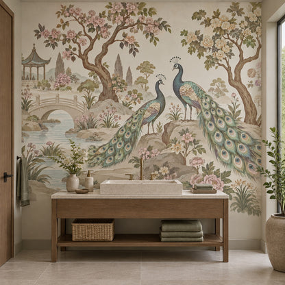 Peacocks In Chinoiserie Garden Wallpaper Pastel Landscape Wall Mural