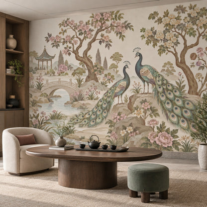 Peacocks In Chinoiserie Garden Wallpaper Pastel Landscape Wall Mural