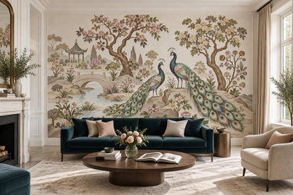 Peacocks In Chinoiserie Garden Wallpaper Pastel Landscape Wall Mural