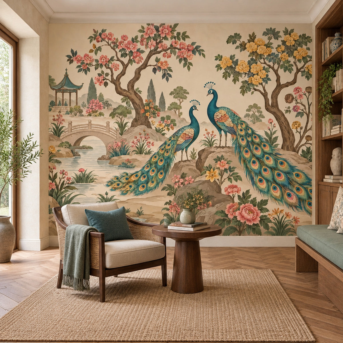 Peacocks In Chinoiserie Garden Wallpaper Pagoda Landscape Wall Mural