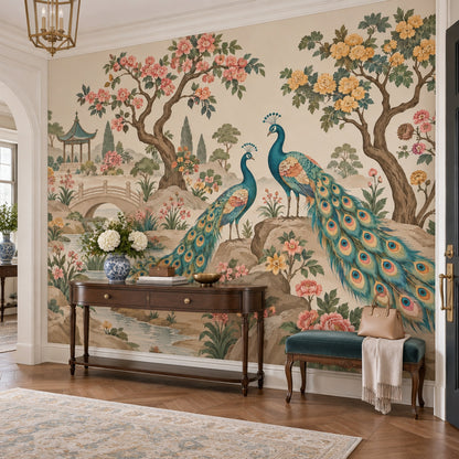 Peacocks In Chinoiserie Garden Wallpaper Pagoda Landscape Wall Mural