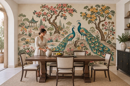 Peacocks In Chinoiserie Garden Wallpaper Pagoda Landscape Wall Mural