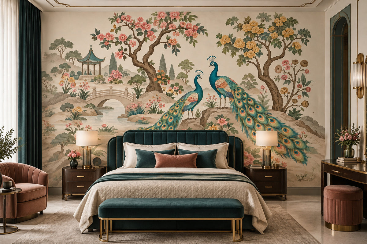 Peacocks In Chinoiserie Garden Wallpaper Pagoda Landscape Wall Mural