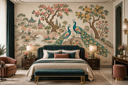 Peacocks In Chinoiserie Garden Wallpaper Pagoda Landscape Wall Mural