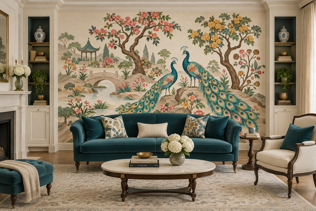 Peacocks In Chinoiserie Garden Wallpaper Pagoda Landscape Wall Mural