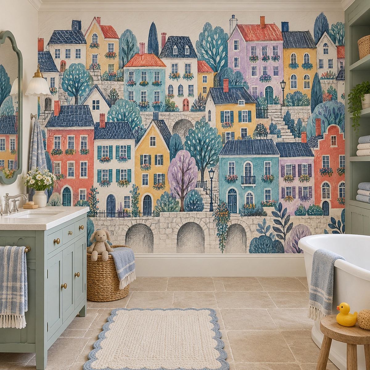 Watercolor European Street Wallpaper Pastel Village Wall Mural