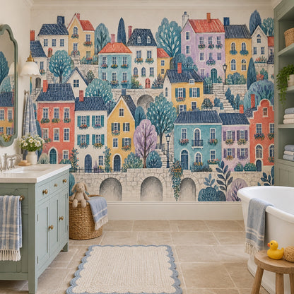 Watercolor European Street Wallpaper Pastel Village Wall Mural