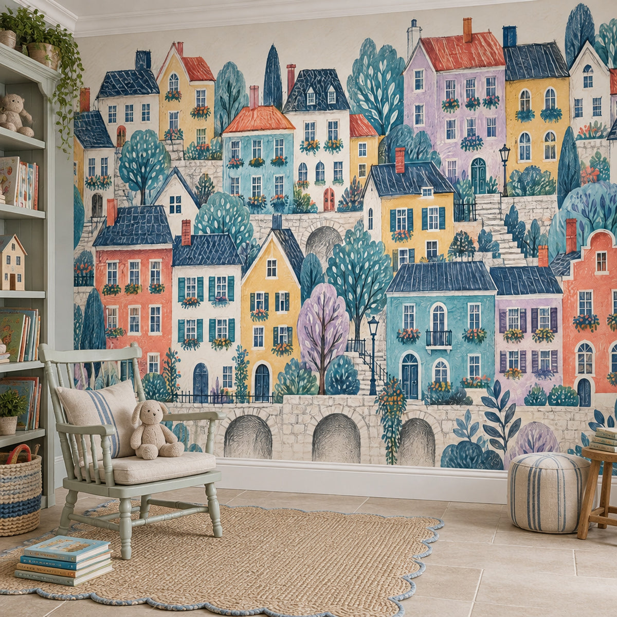 Watercolor European Street Wallpaper Pastel Village Wall Mural