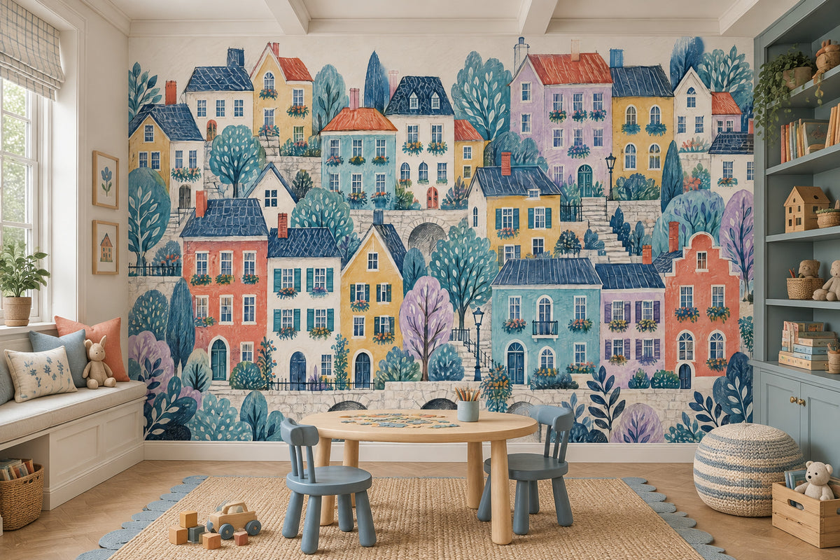 Watercolor European Street Wallpaper Pastel Village Wall Mural