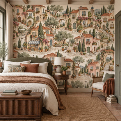 Mediterranean Stone Village Wallpaper Watercolor Street Scene Wall Mural