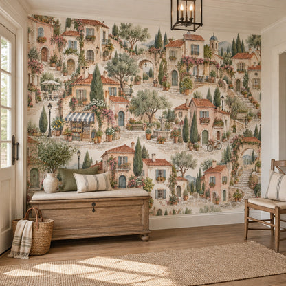 Mediterranean Stone Village Wallpaper Watercolor Street Scene Wall Mural