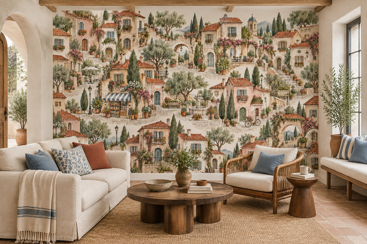 Mediterranean Stone Village Wallpaper Watercolor Street Scene Wall Mural