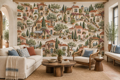 Mediterranean Stone Village Wallpaper Watercolor Street Scene Wall Mural