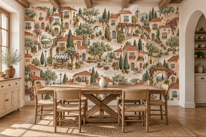 Mediterranean Stone Village Wallpaper Watercolor Street Scene Wall Mural