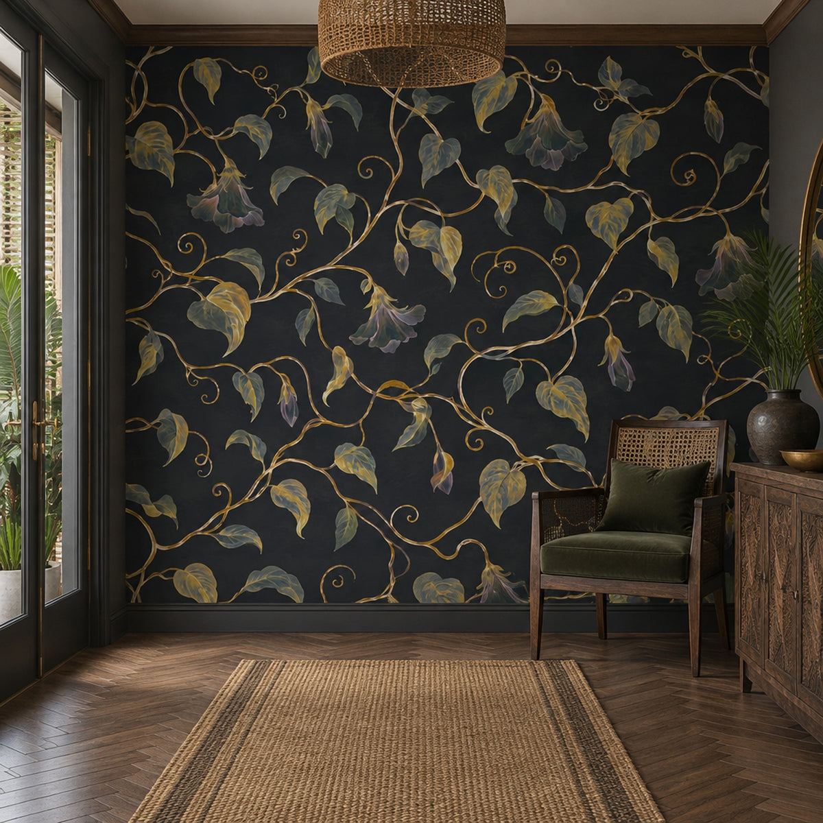 Golden Vine And Bell Flowers Wallpaper Dark Floral Wall Mural