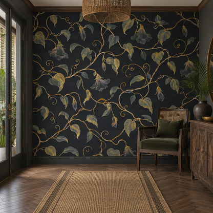 Golden Vine And Bell Flowers Wallpaper Dark Floral Wall Mural