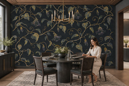 Golden Vine And Bell Flowers Wallpaper Dark Floral Wall Mural