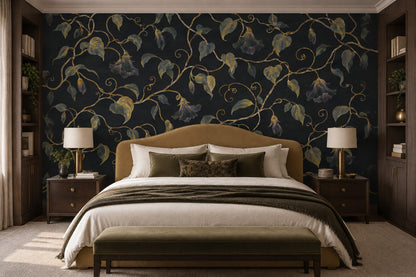 Golden Vine And Bell Flowers Wallpaper Dark Floral Wall Mural