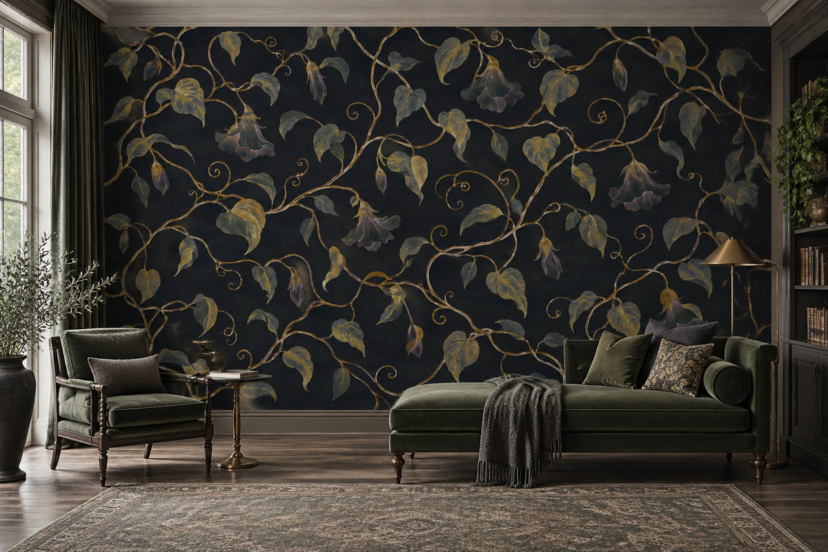 Golden Vine And Bell Flowers Wallpaper Dark Floral Wall Mural