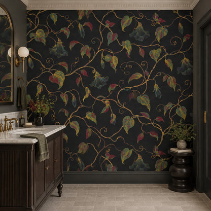 Bell Shaped Floral Vines Wallpaper Dark Botanical Wall Mural
