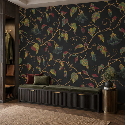 Bell Shaped Floral Vines Wallpaper Dark Botanical Wall Mural