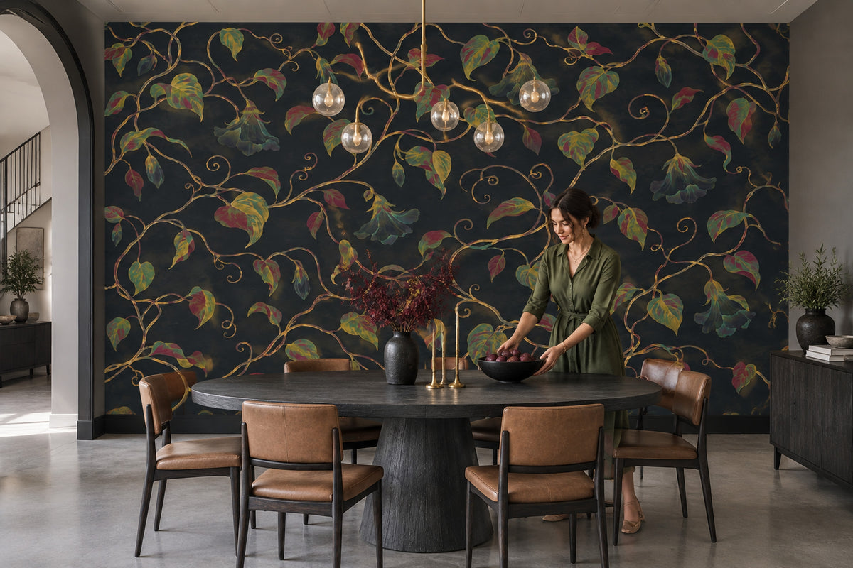 Bell Shaped Floral Vines Wallpaper Dark Botanical Wall Mural