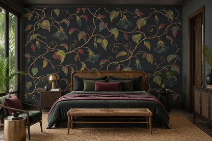 Bell Shaped Floral Vines Wallpaper Dark Botanical Wall Mural