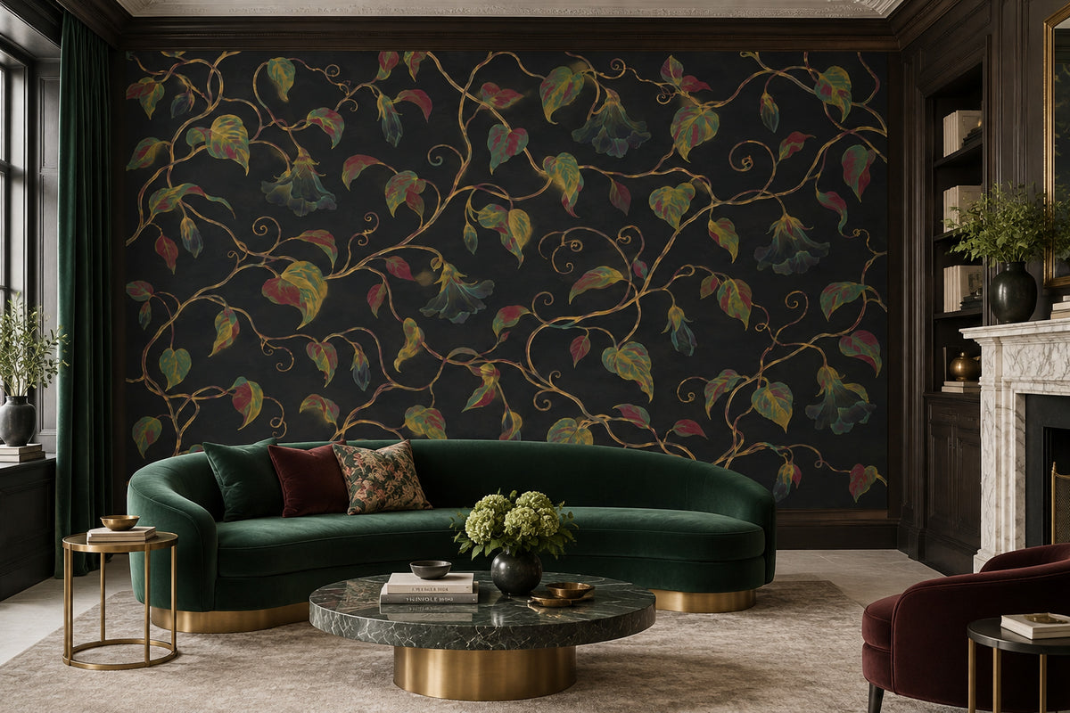 Bell Shaped Floral Vines Wallpaper Dark Botanical Wall Mural
