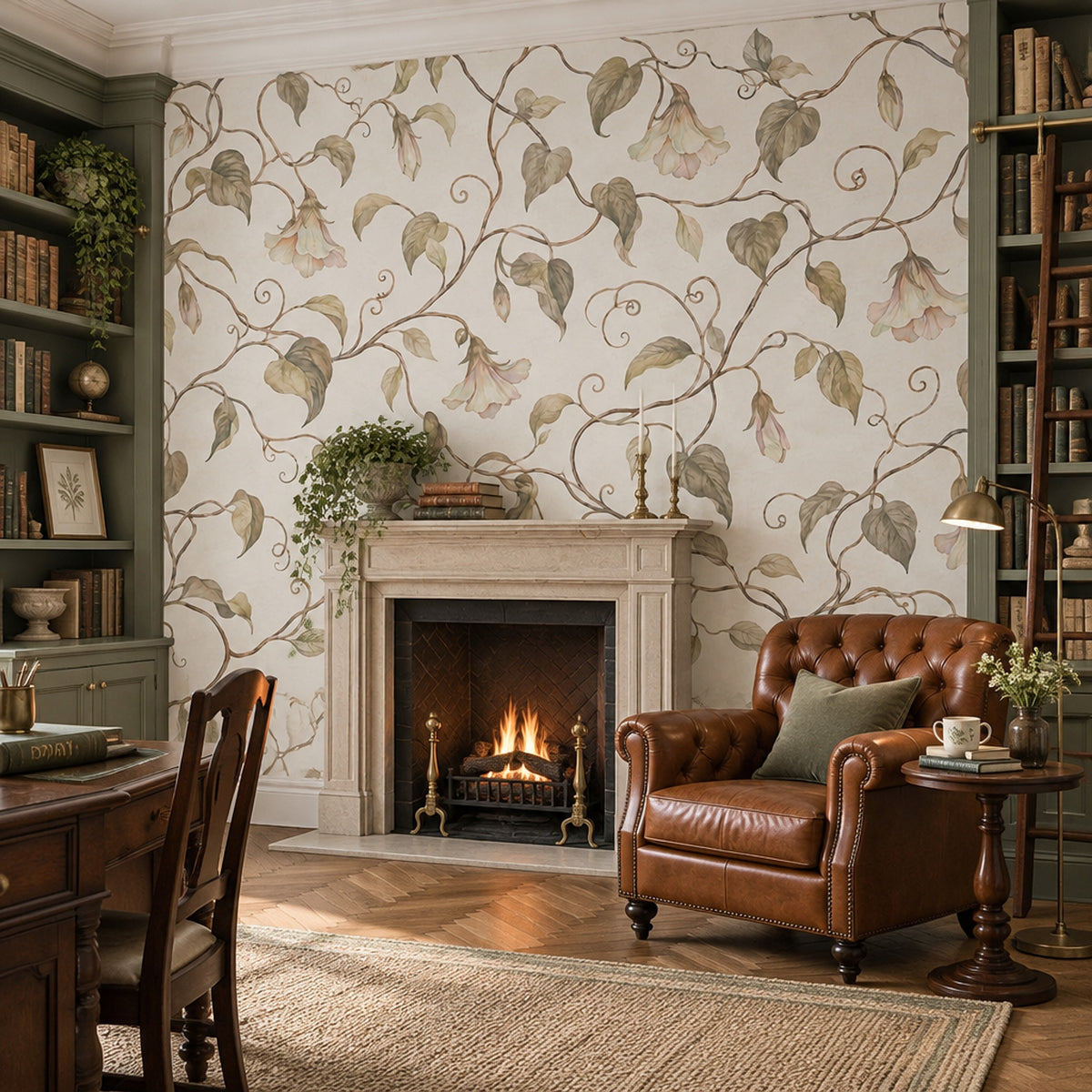 Watercolor Vines And Hanging Blooms Wallpaper White Background Wall Mural