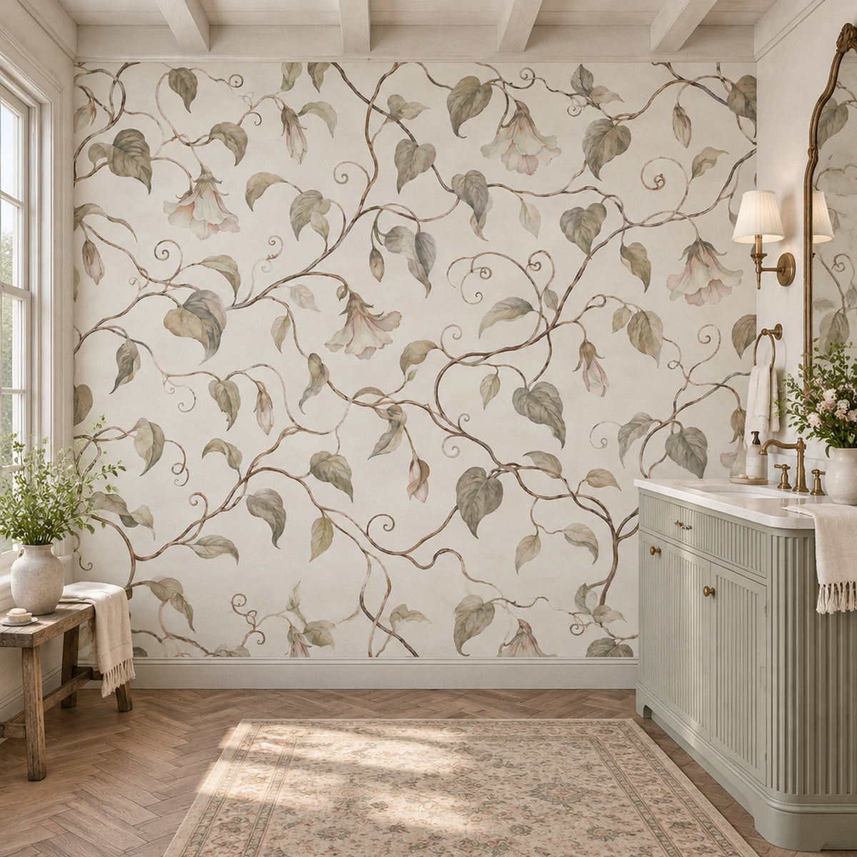 Watercolor Vines And Hanging Blooms Wallpaper White Background Wall Mural